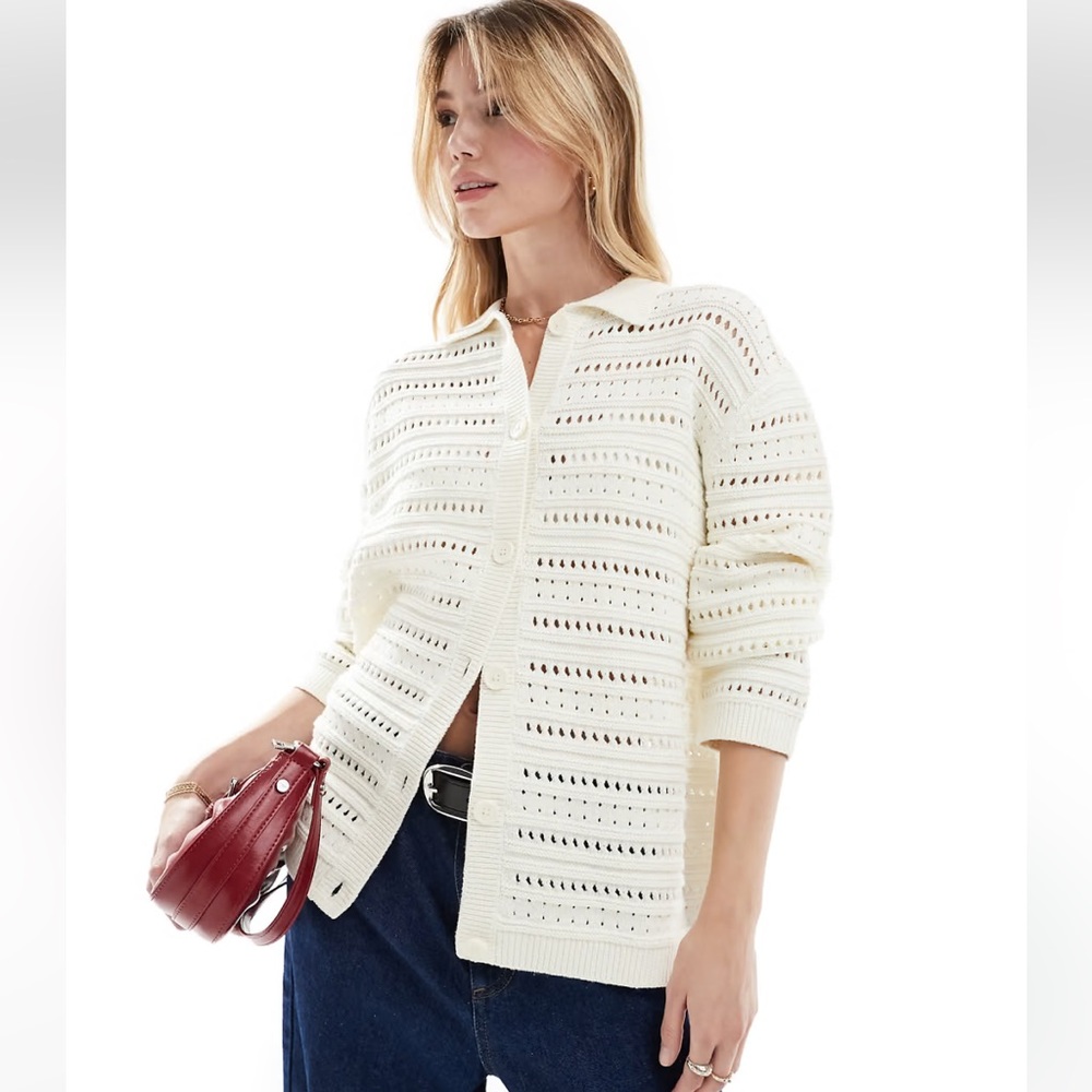 ASOS DESIGN knit button front collar cardigan in stripe open stitch size S